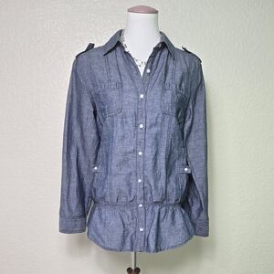 Chico's Linen Blend Blue Button-Up Chambray Long Sleeves Shirt